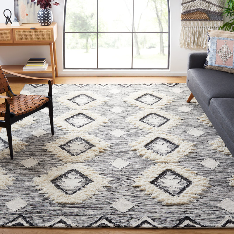 Amelio Hand Woven Wool/Cotton Geometric Rug in Ivory/Black, Rectangle 9' x 12'