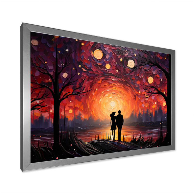 Abstrait couple romantique pointilisme paysage, H 30 po x l 40 po x P 1,5 po, Cadre simple argenté