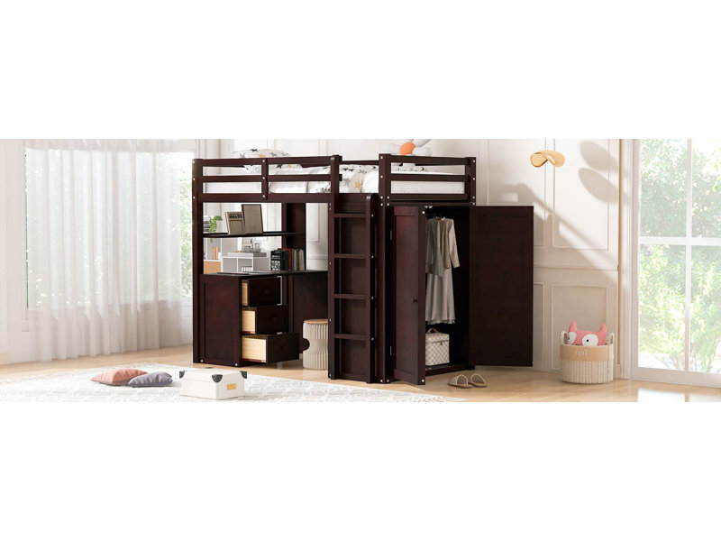 Lit mezzanine avec tiroirs, bureau et garde-robe, Lit simple, Espresso