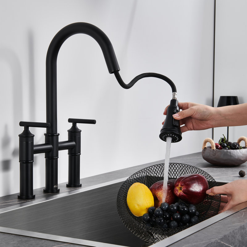 Robinet de cuisine rétractable à deux poignées avec distributeur de savon, Noir mat