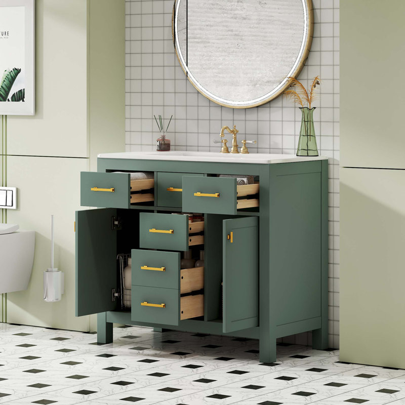 Ensemble de meuble-lavabo 36 po avec lavabo en céramique, meuble-lavabo simple autoportant moderne à 4 tiroirs et 2 armoires, meuble de rangement pour la salle de bain, ensemble de meuble-lavabo à cadre en bois massif