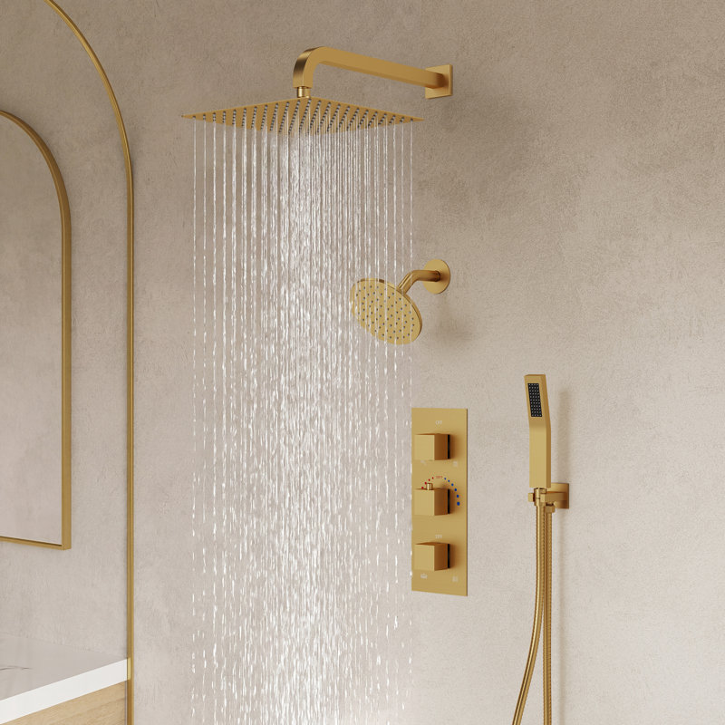 Thermostatic Dual Showerheads System, Wall Mount 12" High-Pressure Rainfall Shower Faucet with Handheld Spray , Brushed Gold