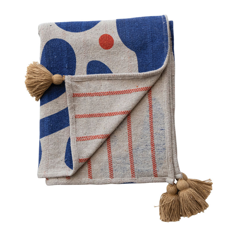 Woven Cotton Blend Throw With Abstract Design, Stripes And Tassels