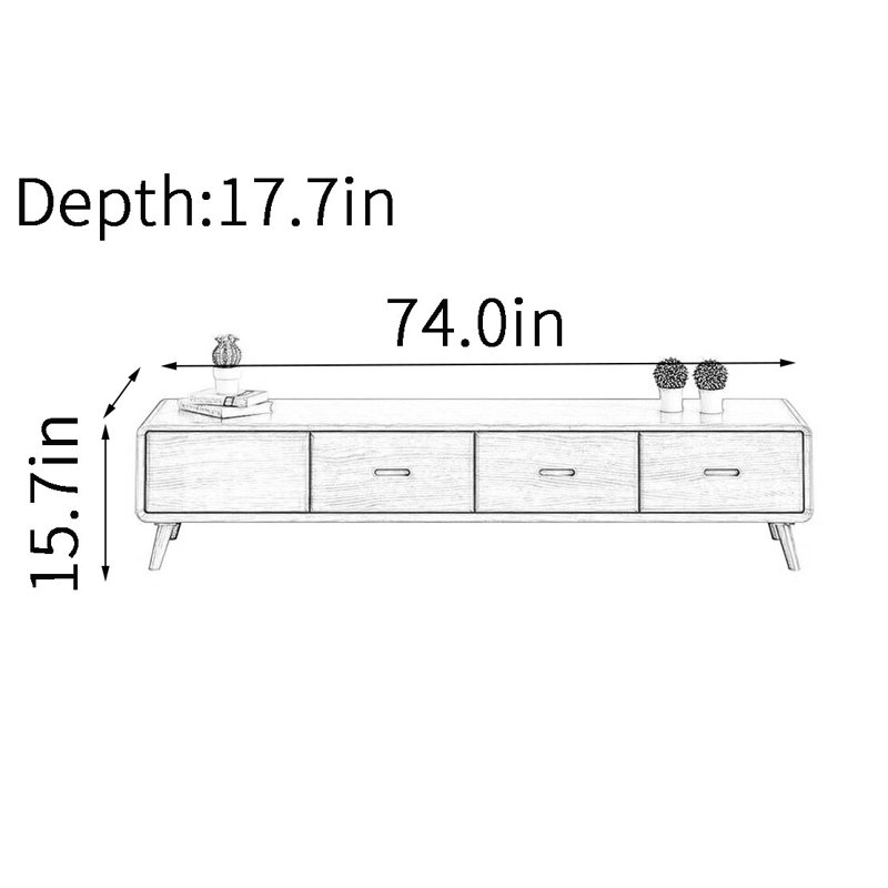 Un meuble télé simple avec des pieds en bois de frêne, H 15,7 po x L 74 po x l 17,7 po, Burlywood