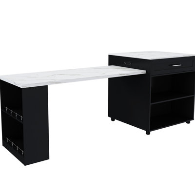80 - Inch Kitchen Island With Expandable Dining Table, Marble Grain Surface, Built In Charging, Storage Cart Cabinet And 2 Drawers, Black Helper Unit