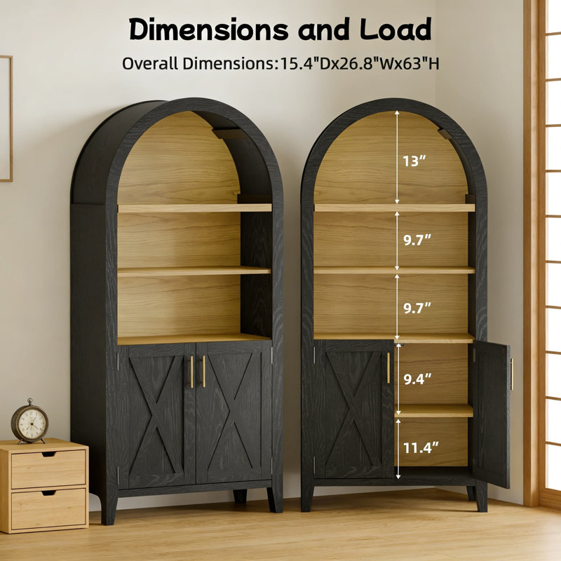 Armoire de rangement courte arquée avec portes et tablettes réglables, bibliothèque en bois à 5 niveaux pour le salon, le garde-manger et le bureau personnel