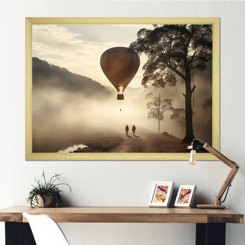 Brume de montgolfière sur toile, Cadre doré simple, H 16 po x l 32 po x P 1 po