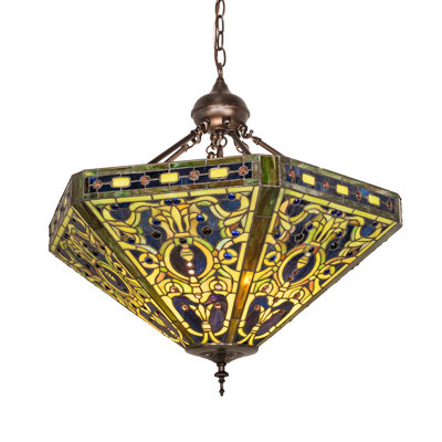 Luminaire suspendu géométrique unique / remarquable à 3 lumières élisabéthaines Tiffany