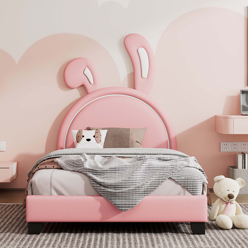 Lit plateforme tapissier en cuir avec ornement en forme de lapin, Simple, Rose