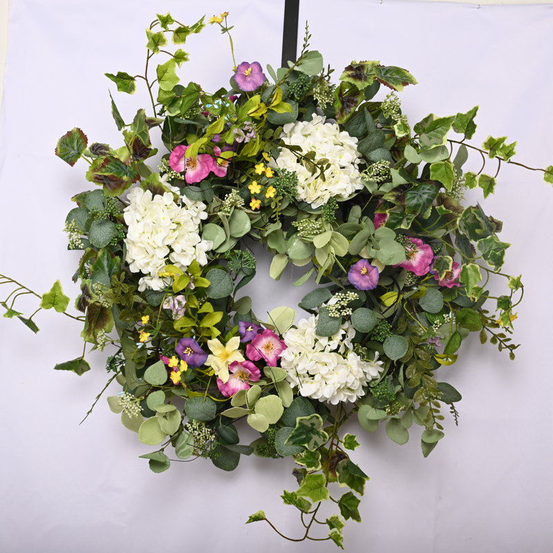 Couronne de porte artificielle 26 po Eucalyptus Hydrangea Morning Glory