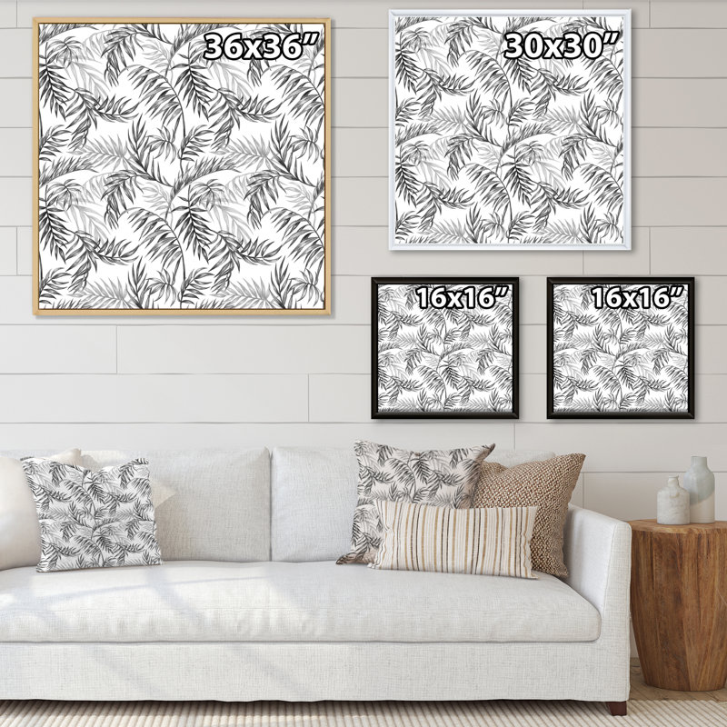 «Black and White Palm Leaves On White», reproduction d'art sur toile à motifs, Cadre flottant noir