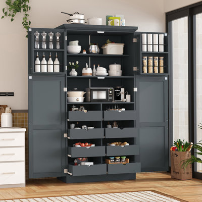 Armoire de cuisine autoportante 35,5 x 17,6 x 70,9 pouces, armoire de rangement haute avec 4 portes, 2 tablettes de porte, 8 plateaux coulissants et tablette réglable pour la salle à manger, gris