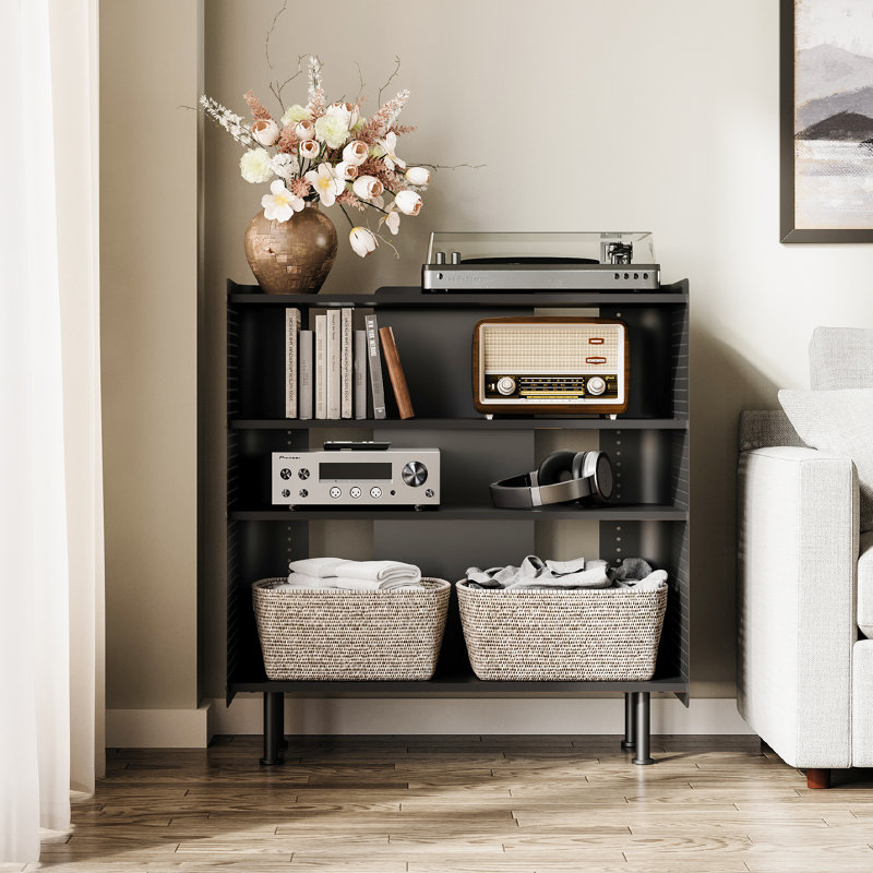 4 Tier Bookshelf, Modern Open Bookcase with Pegboard, (4 Shelves) 33.6"H x 32.1"W x 12.3"D, Black