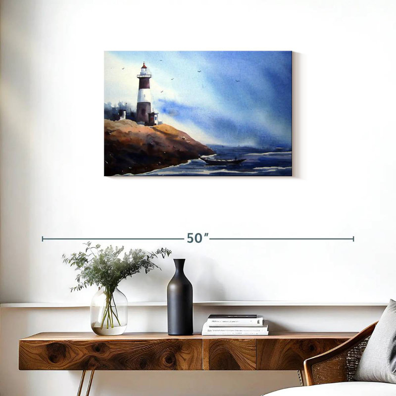 Bateau au bord de la mer, phare, H 20 po x l 30 po