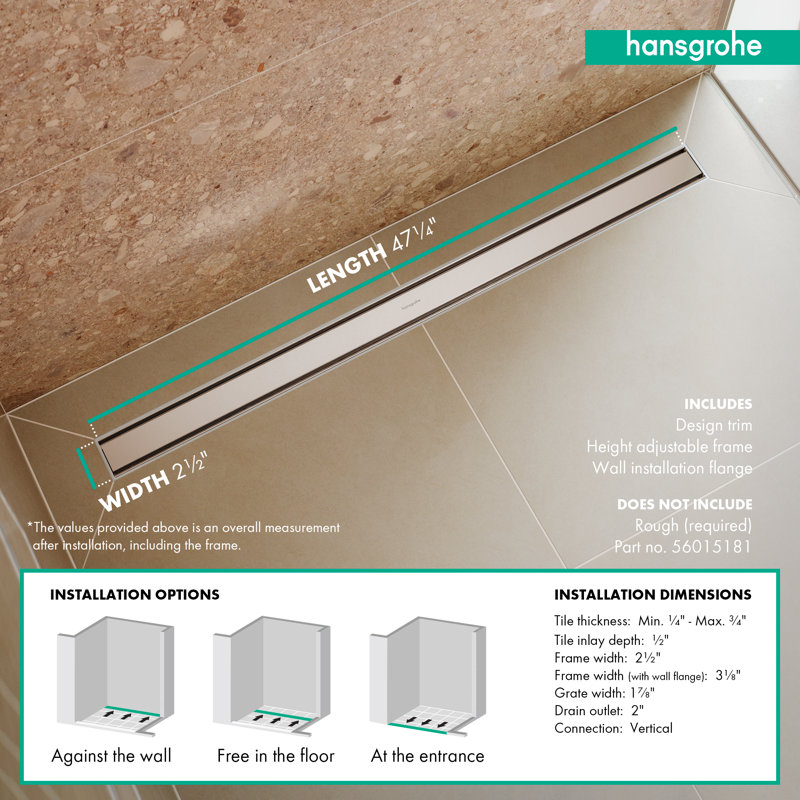 Hansgrohe RainDrain Match Trim Zero/ Tile 47 1/4" with Height Adjustable Frame, Brushed Stainless Steel
