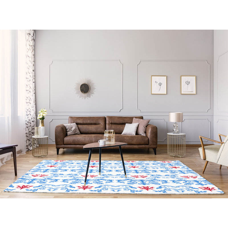 Tapis damassé blanc / bleu, Rectangle 9 pi x 12 pi