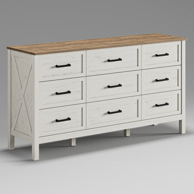 47" W 9 White Drawer Dresser with Rustic Top Panel for Bedroom