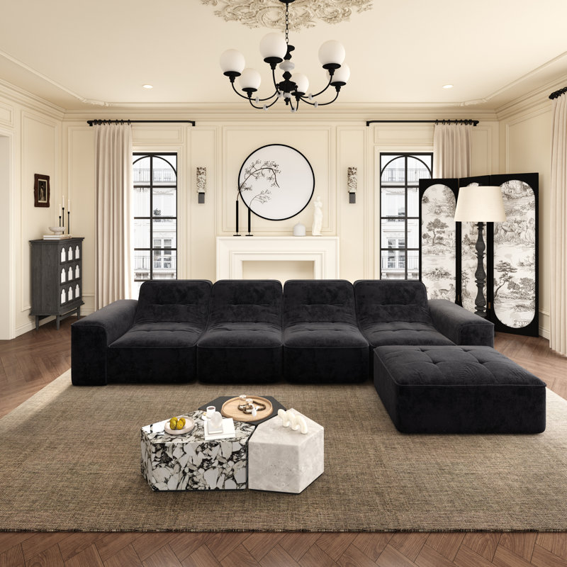 Luxora Modern Tufted Modular Sectional Sofa, Black Chenille