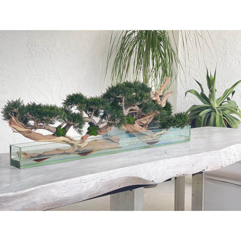 Faux Bonsai Tree in Planter, Light Green, 10" H x 52" W x 8" D