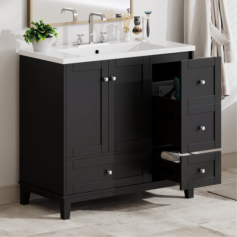 Single Bathroom Vanity With USB Charging, Two Doors And Three Drawers For Bathroom, Black