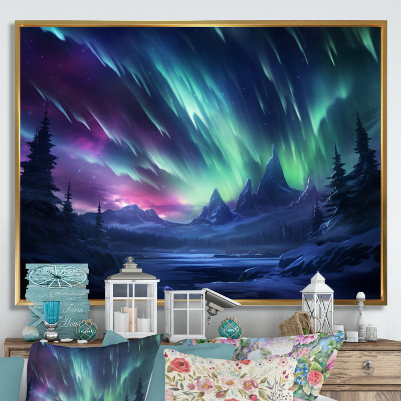 «Vibrant Northern Lights» sur toile, H 16 po x l 32 po, Cadre flottant doré