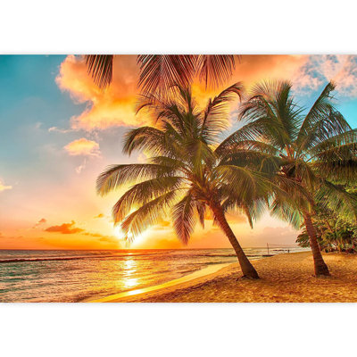 Beautiful Sunset over the Sea with a View at Palms on the White Beach on a Caribbean Island of Barbados Paintable Wall Mural