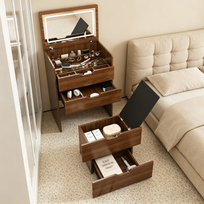 Table de coiffeuse 23,65 pouces 3 en 1 avec miroir éclairé et tabouret, plateau rabattable, pour chambre à coucher, salle de bain, vestiaire, noyer