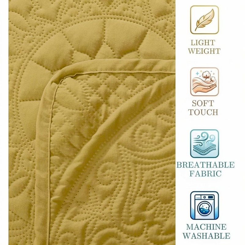All‑Season Floral Quilt Bedspread, King Bedspread + 2 King Pillowcases, Gold