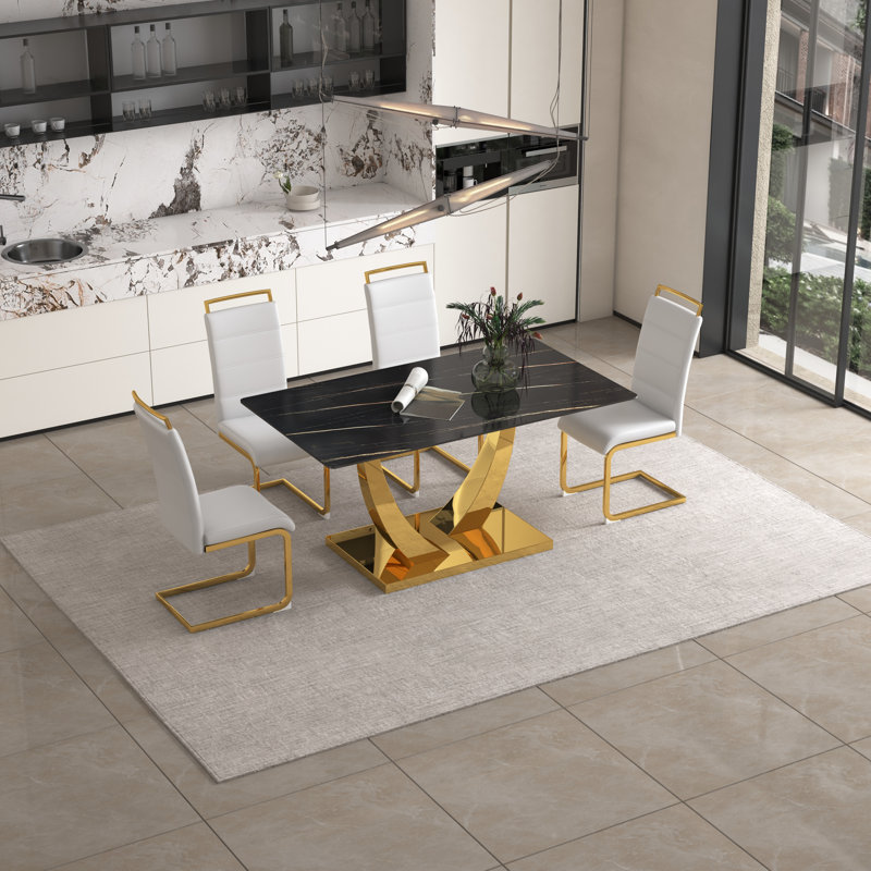 Zetha 6 - Person Glass Top Pedestal Dining Set, White, Black, Golden
