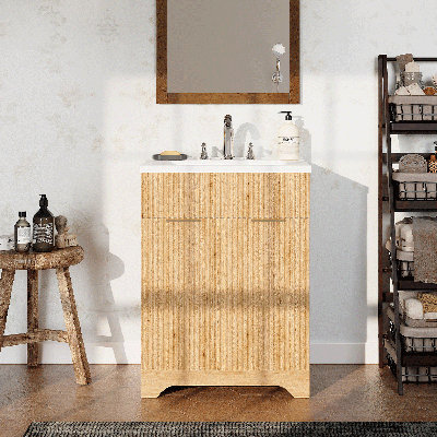 25"W Fluted Bathroom Vanity With Ceramic Sink & Adjustable Shelf