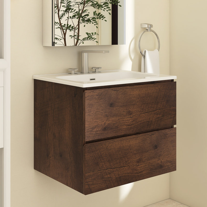 Zykaria 24 " W Wall Mounted Wall Mounted Single Double Single Vanity Bathroom Vanity With Ceramic Top, Walnut, 8" Centers