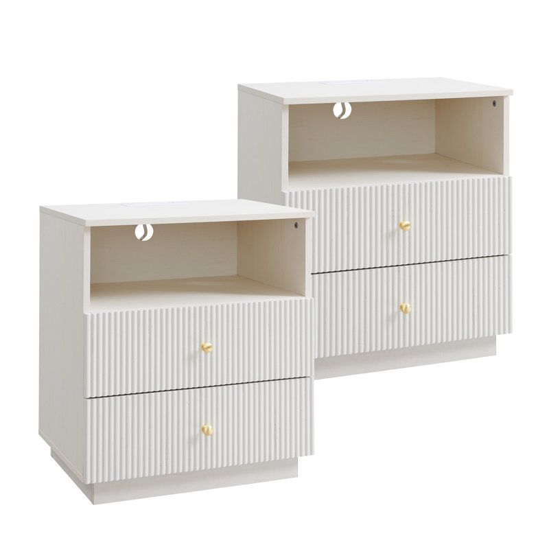 Ensemble de 2 tables de bout modernes de 25,98 po de hauteur, table de bout en bois de 21,65 po de largeur avec station de charge, tiroirs de rangement avec profil cannelé pour la chambre à coucher, blanc
