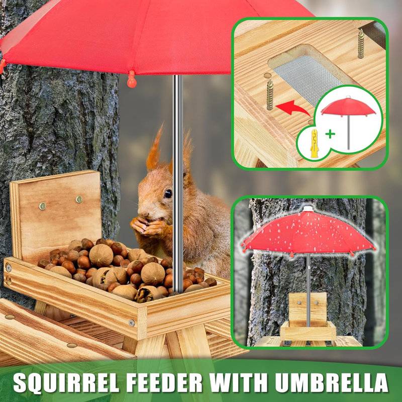 Mangeoire d'écureuil en bois carbonisé avec parasol