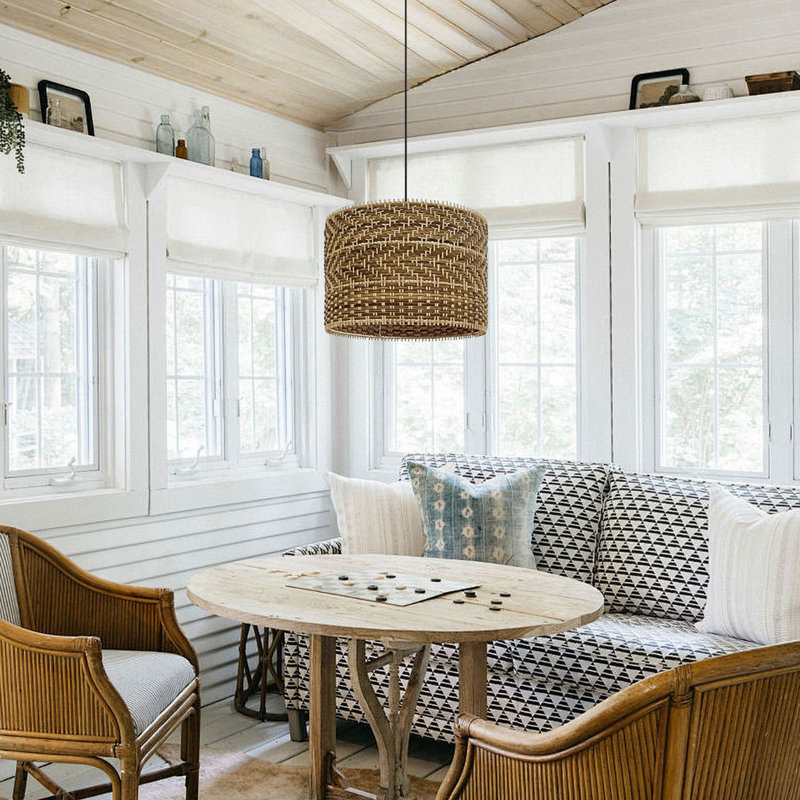 Brown Rattan Pendant Light for Workplace Dining Living Bedroom Kitchen Farmhouse, 11.81'' H x 15.75'' W x 15.75'' D