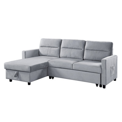 81.5" Light Grey Velvet Reversible Sleeper Sectional Sofa with Storage Chaise and Side Pocket
