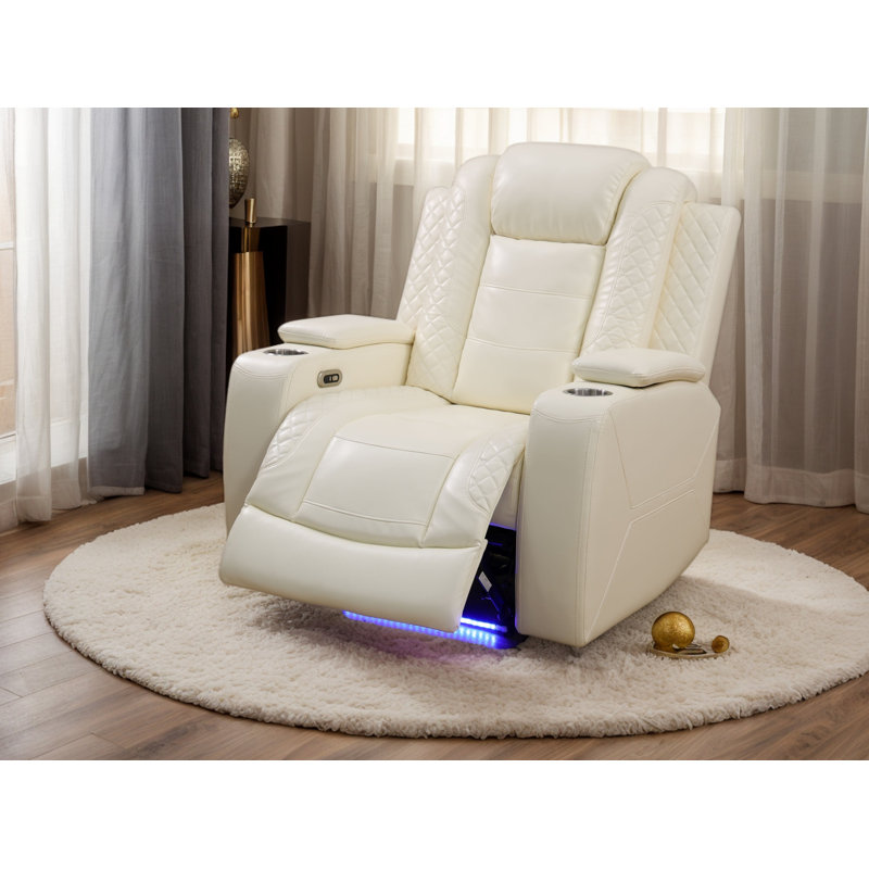 Fauteuil inclinable électrique de 37 po en cuir avec accoudoirs de rangement et lumières DEL bleues, Crème, crème