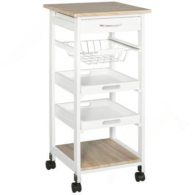 HOMCOM Mobile Kitchen Cart, Rolling Kitchen Island with Storage, Solid Wood Frame Utility Cart with Wire Fruit Baskets, Trays and Drawer, White