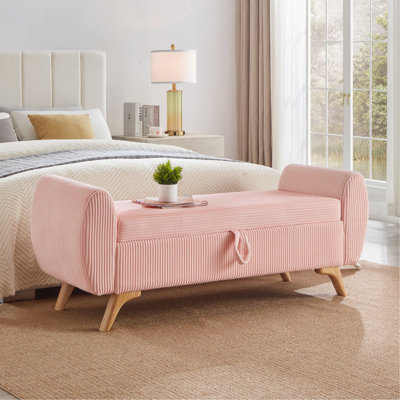 Banc rembourré en velours côtelé de 57 po de conception moderne avec pieds de rangement en bois pour chambre à coucher, couloir rose