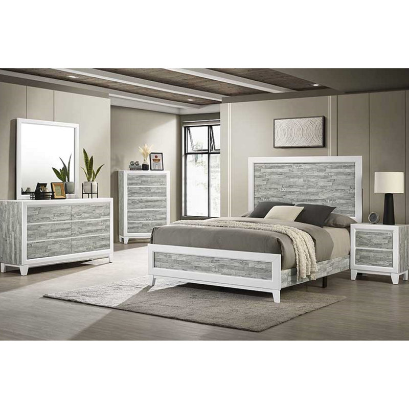 Très grand lit avec finition grise et blanche pour un cadre de chambre à coucher contemporain. Fabrication en bois bicolore gris / blanc