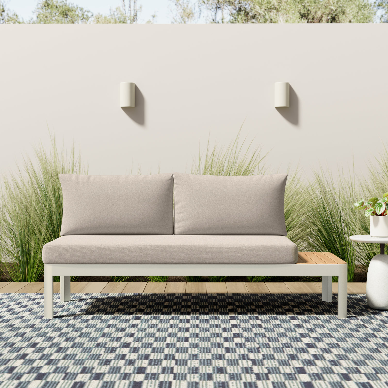 Brix 68" Teak Patio Loveseat, White Frame/Light Sand Cushion