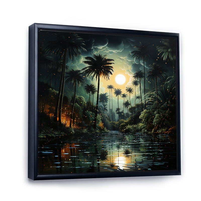 Green Palm Trees Pointillism II - Floral Canvas Wall Art, H 36 po x l 36 po, Cadre flottant noir