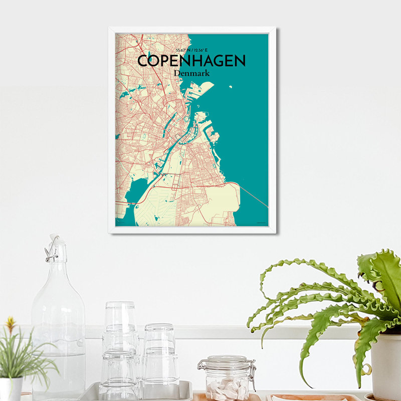« copenhague city map », reproduction d’impression sur affiche en couleur, H 20 po x l 16 po