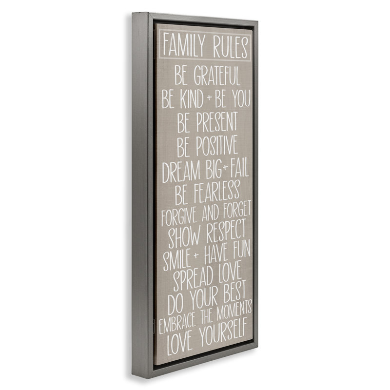 «Minimal Family Rules Floater», art mural sur toile par SD graphiques studio, H 25 po x l 11 po, Cadre flottant gris lustré