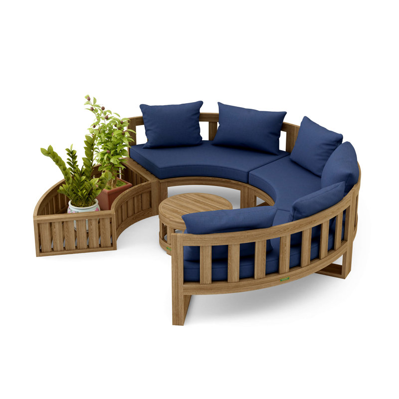 Ensemble de conversation modulaire circulaire en teck avec coussins Sunbrella 5 pièces, Toile bleu marine Sunbrella®