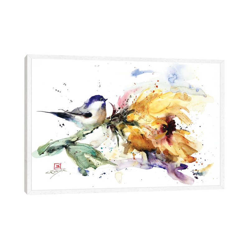 Chickadee And Sunflower by Dean Crouser - Painting on Canvas, 66.04 cm H x 45.72 cm W, White Framed Canvas