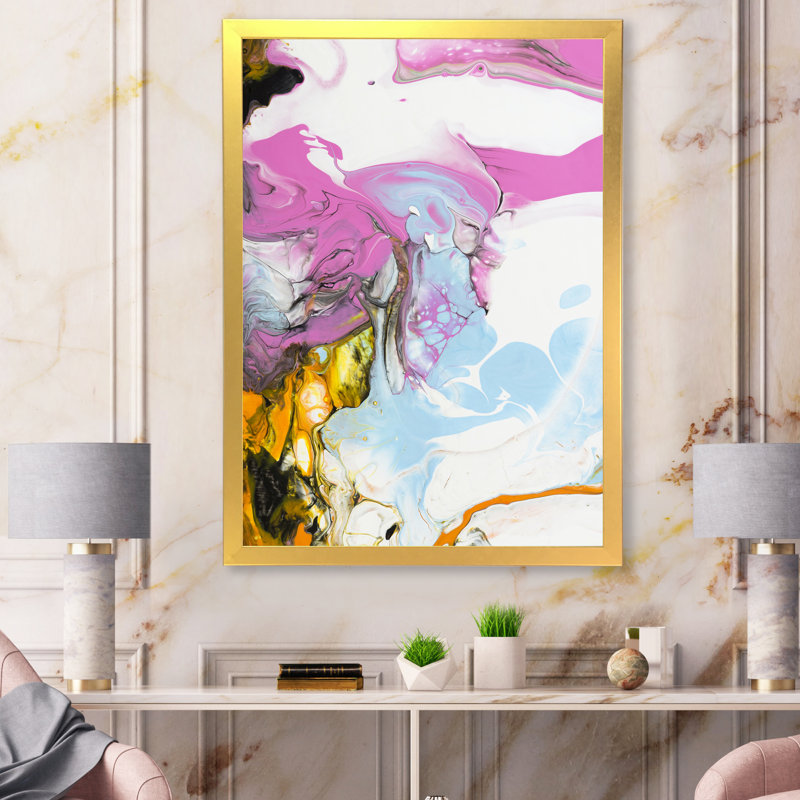 Rose, bleu et jaune liquide Art II - peinture sur toile, H 40 po x l 30 po x P 1,5 po, Cadre doré à coins fermés
