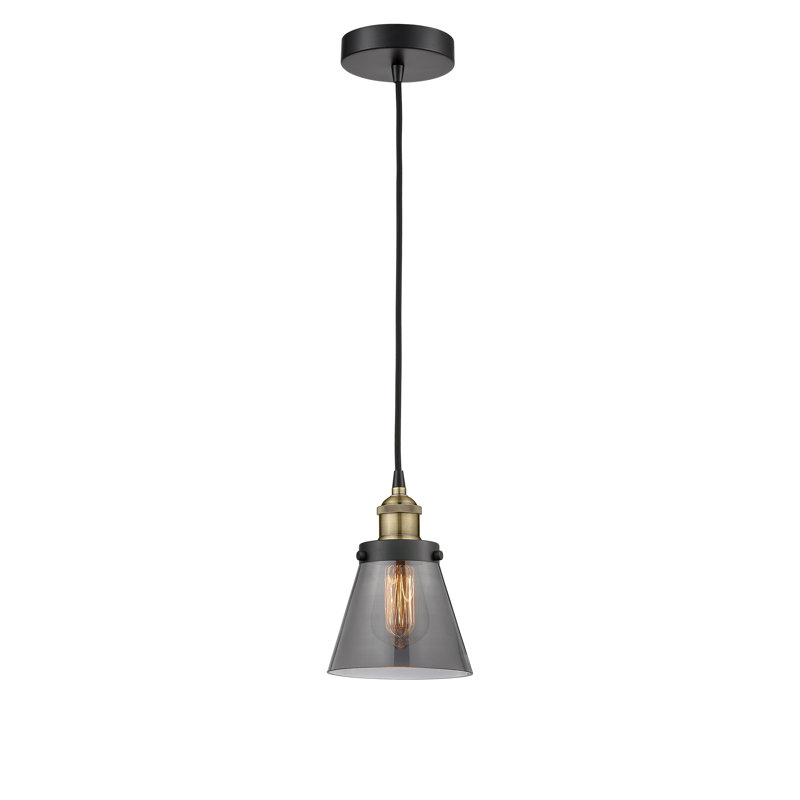 Mini-luminaire suspendu 1 lumière Cone, H 9,5 po x l 6,25 po x P 6,25 po, Plaqué couleur fumée, Laiton antique noir