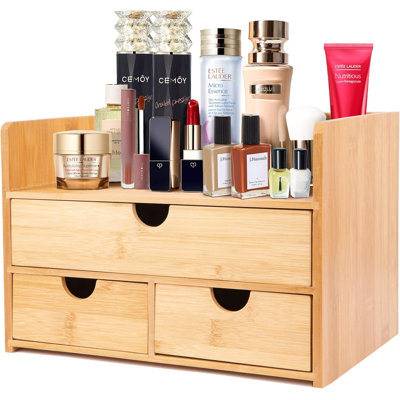 Organisateur de maquillage en bambou avec 3 tiroirs - grands et petits tiroirs pour les cosmétiques, les soins de la peau et les fournitures de bureau - Fabrication en bambou naturel durable avec finition lisse