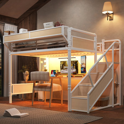 Queen Size Industrial Metal Loft Bed with Built-in Desk, Power Outlet, LED Strip, Pegboard, Storage Baskets and Stairs with Wardrobe, White Loft Bed Frame
