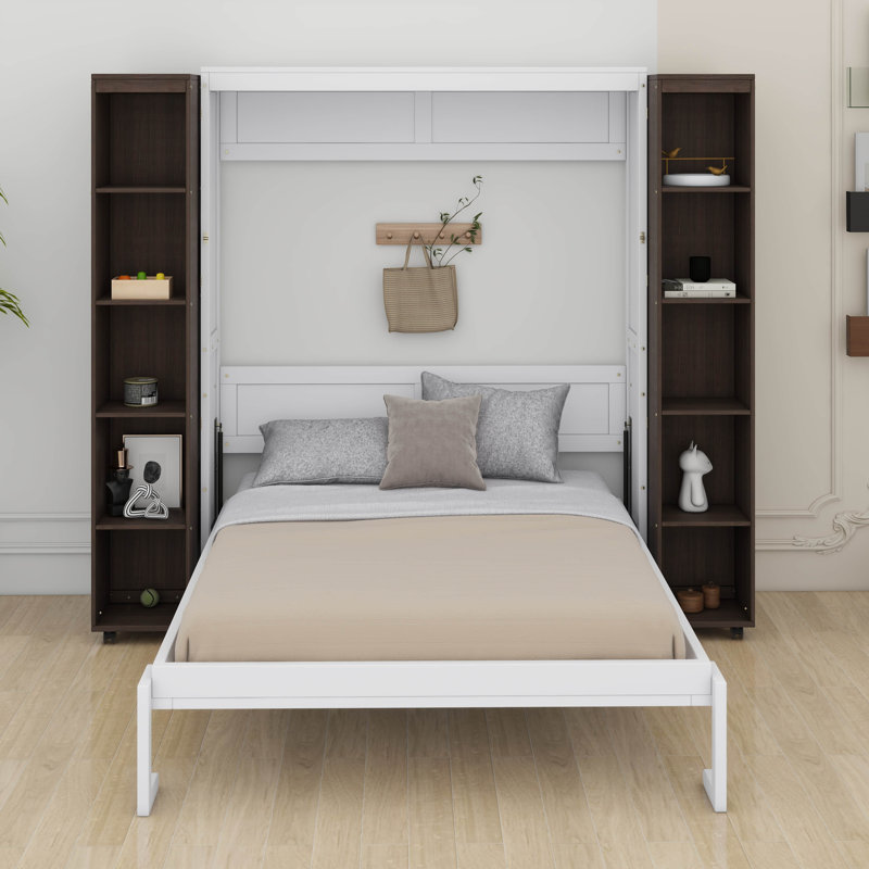 Grande armoire escamotable pliable avec lit escamotable et bibliothèque, lit escamotable en bois avec tablettes de rangement pour adultes